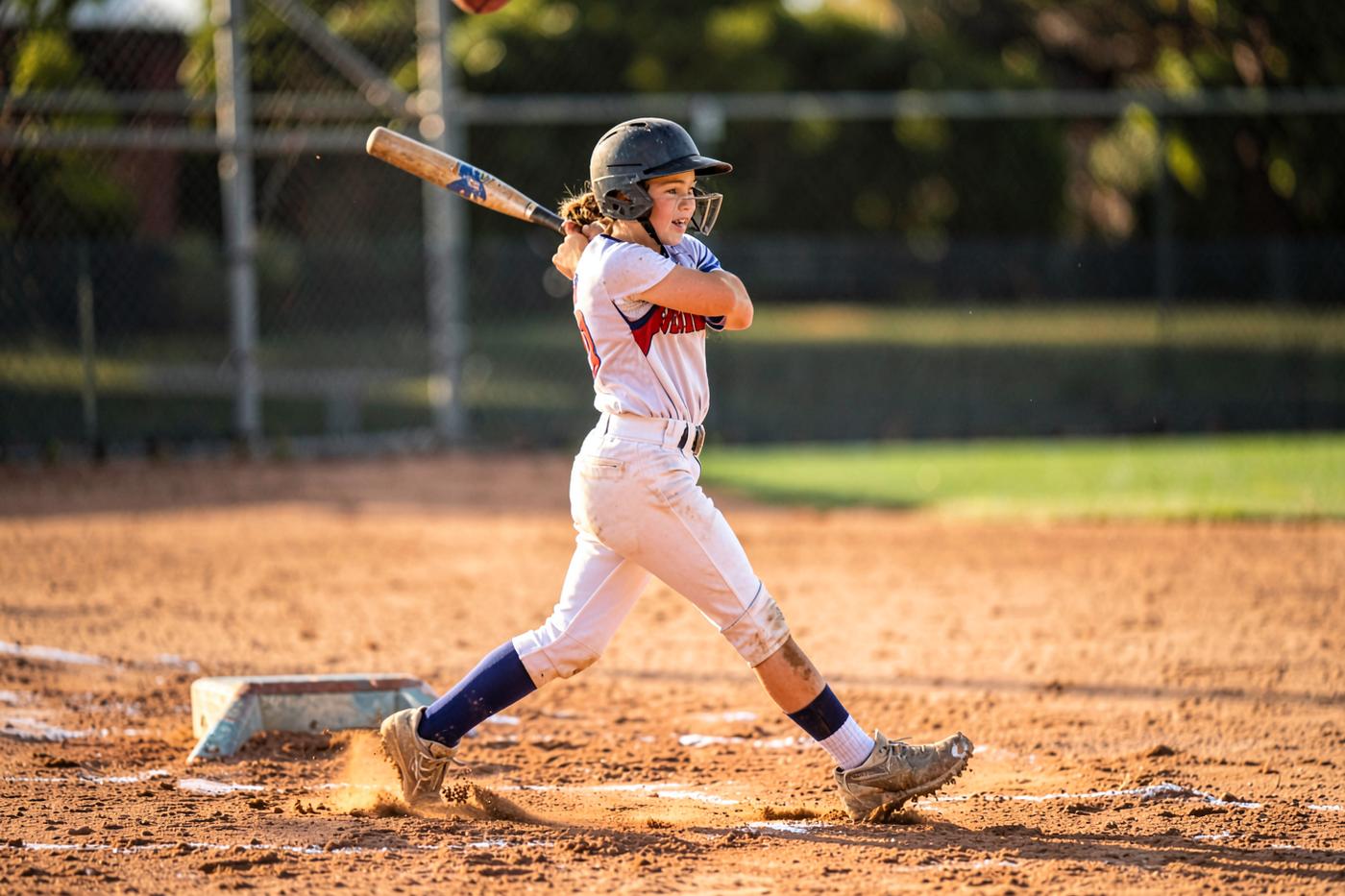 Youth softball player at bat with the catcher and umpire behind her