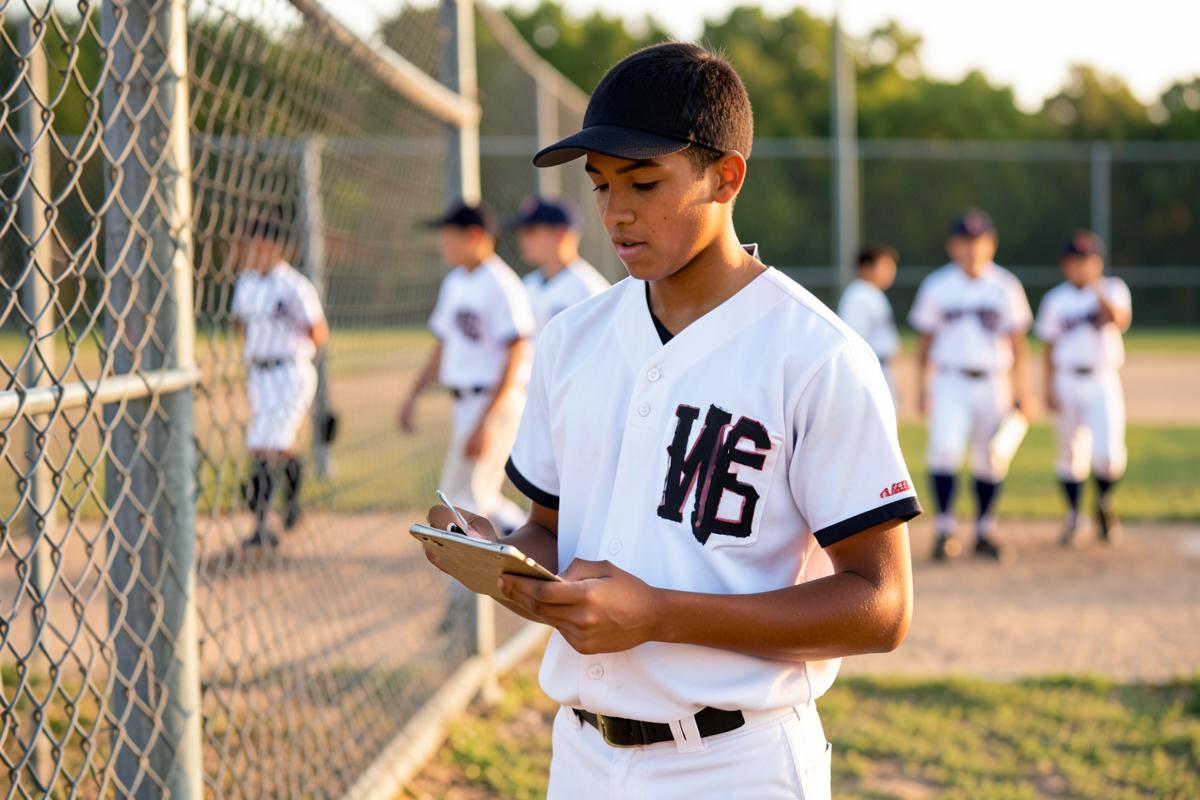 Youth baseball coach checking his phone and clipboard beside the field