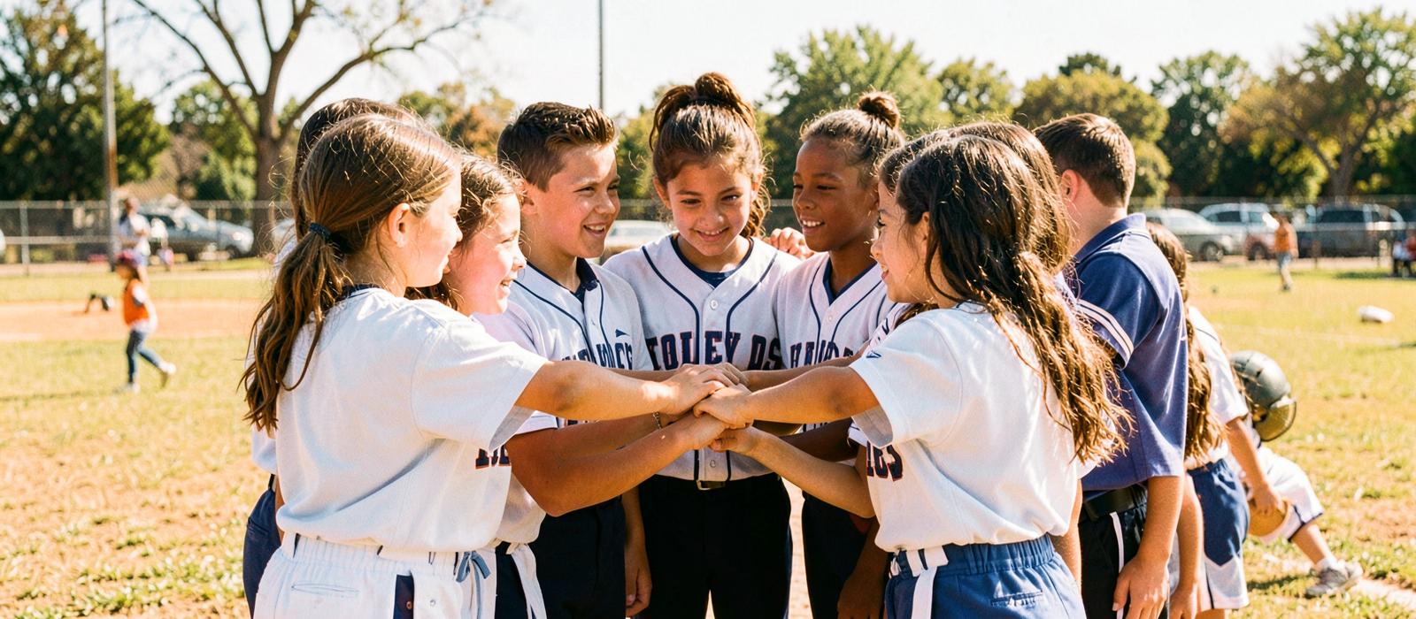 Youth baseball and softball players huddled together with hands in the middle